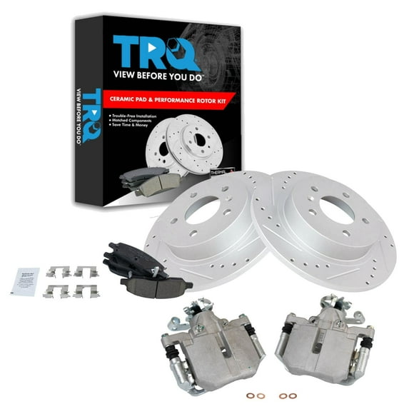 TRQ Rear Performance Brake Pad & Rotor Kit Brake Caliper Brake Pads Brake Rotors Set Ceramic Solid Premium G-Coated Fits Select 2006-2011 Buick Lucerne Cadillac DTS