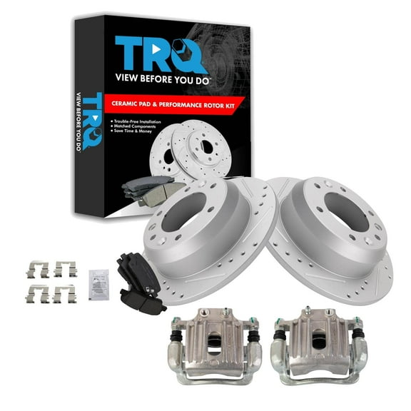 TRQ Rear Performance Brake Pad & Rotor Kit Brake Caliper Brake Pads Brake Rotors Set Ceramic Solid Premium G-Coated Fits Select 2007-2008 Hyundai Entourage