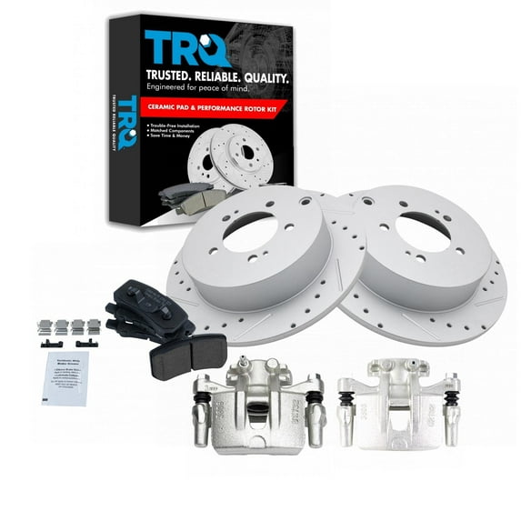 TRQ Rear Performance Brake Pad & Rotor Kit Brake Caliper Brake Pads Brake Rotors Set Ceramic Solid Premium G-Coated Fits Select 2009-2011 Mitsubishi Lancer 2008-2013 Outlander