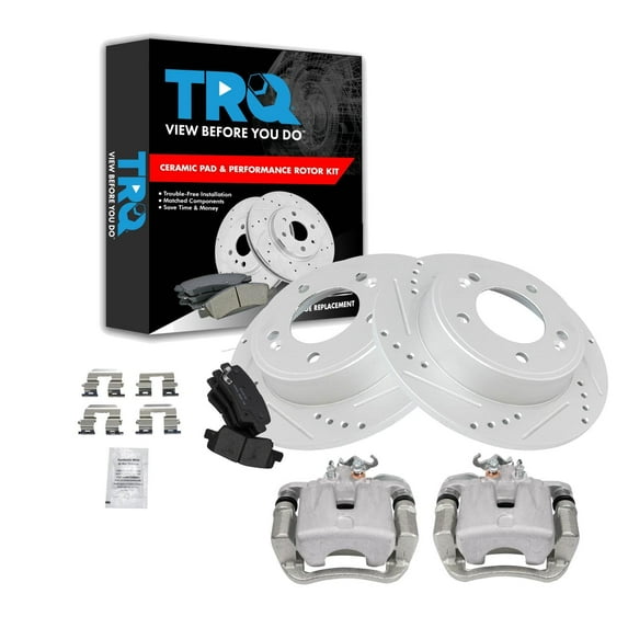 TRQ Rear Performance Brake Pad & Rotor Kit Brake Caliper Brake Pads Brake Rotors Set Ceramic Solid Premium G-Coated Fits Select 2014-2016 Kia Soul