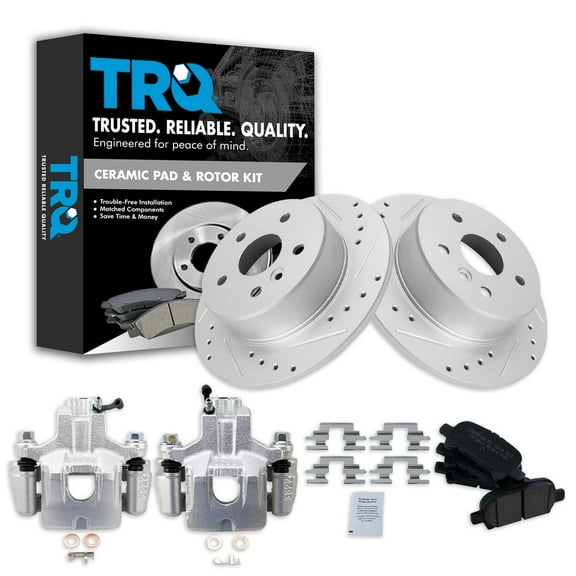 TRQ Rear Performance Brake Pad & Rotor Kit Brake Caliper Brake Pads Brake Rotors Set Ceramic Vented Premium G-Coated Fits Select 2000-2004 Toyota Avalon