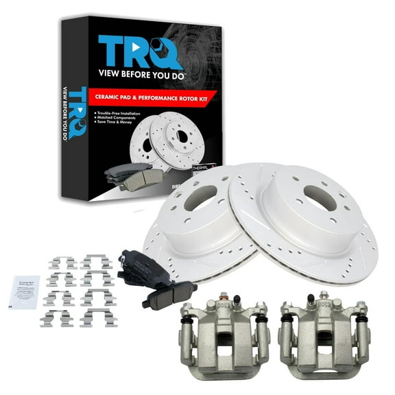 TRQ Rear Performance Brake Pad & Rotor Kit Brake Caliper Brake Pads Brake Rotors Set Ceramic Vented Premium G-Coated Fits Select 2005 INFINITI G35
