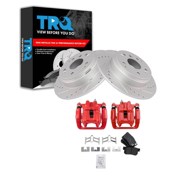TRQ Rear Performance Brake Pad & Rotor Kit Brake Caliper Brake Pads Brake Rotors Set Semi-Metallic Premium G-Coated Fits Select 2007-2008 Acura TL 2003-2011 Honda Element
