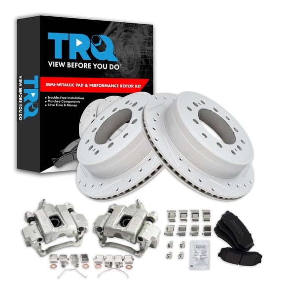 TRQ Rear Performance Brake Pad & Rotor Kit Brake Caliper Brake Pads Brake Rotors Set Semi-Metallic Premium G-Coated Fits Select 2010-2020 Lexus GX460 2010-2018 Toyota 4Runner