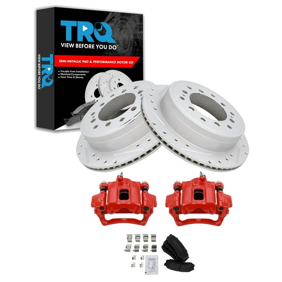 TRQ Rear Performance Brake Pad & Rotor Kit Brake Caliper Brake Pads Brake Rotors Set Semi-Metallic Premium G-Coated Fits Select 2010-2020 Lexus GX460 2010-2018 Toyota 4Runner