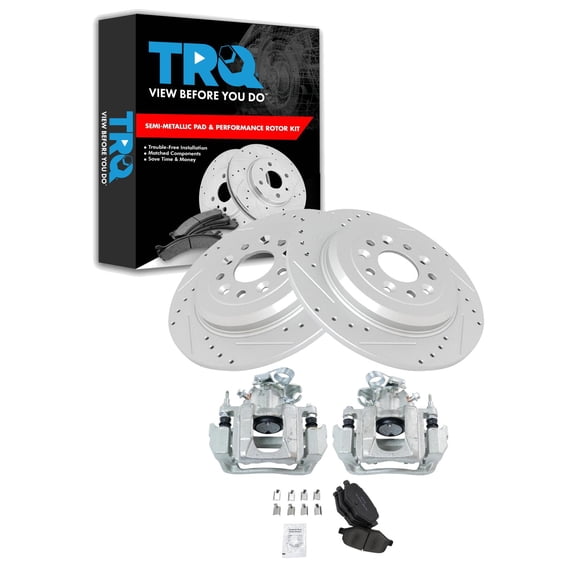 TRQ Rear Performance Brake Pad & Rotor Kit Brake Caliper Brake Pads Brake Rotors Set Semi-Metallic Premium G-Coated Fits Select 2011-2014 Ford Edge 2011-2015 Lincoln MKX