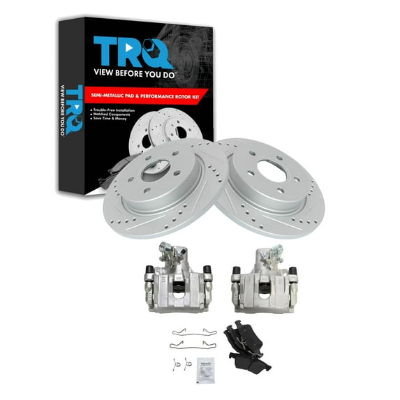 TRQ Rear Performance Brake Pad & Rotor Kit Brake Caliper Brake Pads Brake Rotors Set Semi-Metallic Premium G-Coated Fits Select 2012-2018 Ford Focus