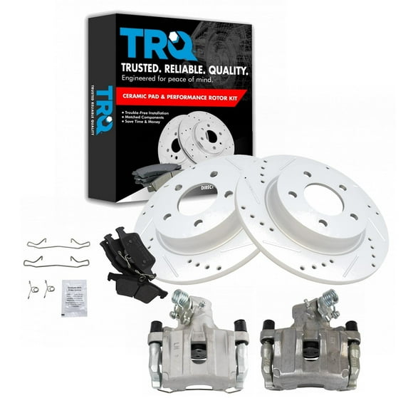 TRQ Rear Performance Brake Pad & Rotor Kit Brake Caliper Brake Pads Brake Rotors Set Semi-Metallic Solid Premium G-Coated Fits Select 2006-2008 Mazda 3