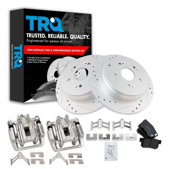 TRQ Rear Performance Brake Pad & Rotor Kit Brake Caliper Brake Pads Brake Rotors Set Semi-Metallic Solid Premium G-Coated Fits Select 2007-2012 Acura RDX