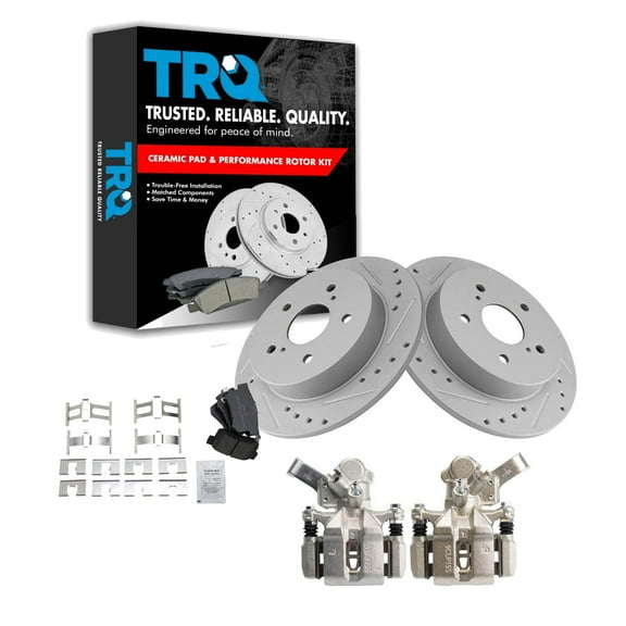 TRQ Rear Performance Brake Pad & Rotor Kit Brake Caliper Brake Pads Brake Rotors Set Semi-Metallic Solid Premium G-Coated Fits Select 2007-2013 Suzuki SX4