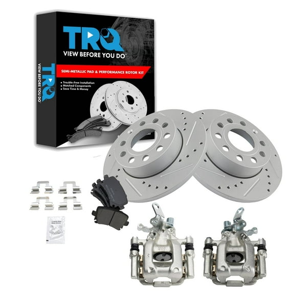 TRQ Rear Performance Brake Pad & Rotor Kit Brake Caliper Brake Pads Brake Rotors Set Semi-Metallic Solid Premium G-Coated Fits Select 2010 Audi A3 A3 Quattro