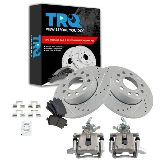 TRQ Rear Performance Brake Pad & Rotor Kit Brake Caliper Brake Pads Brake Rotors Set Semi-Metallic Solid Premium G-Coated Fits Select 2010 Volkswagen Golf 2005-2010 Jetta 2006-2009 Rabbit