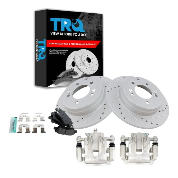 TRQ Rear Performance Brake Pad & Rotor Kit Brake Caliper Brake Pads Brake Rotors Set Semi-Metallic Solid Premium G-Coated Fits Select 2012-2017 Hyundai Azera 2011-2015 Kia Optima