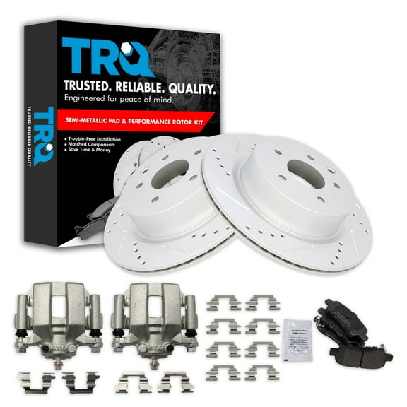 TRQ Rear Performance Brake Pad & Rotor Kit Brake Caliper Brake Pads Brake Rotors Set Semi-Metallic Vented Premium G-Coated Fits Select 2005 INFINITI G35