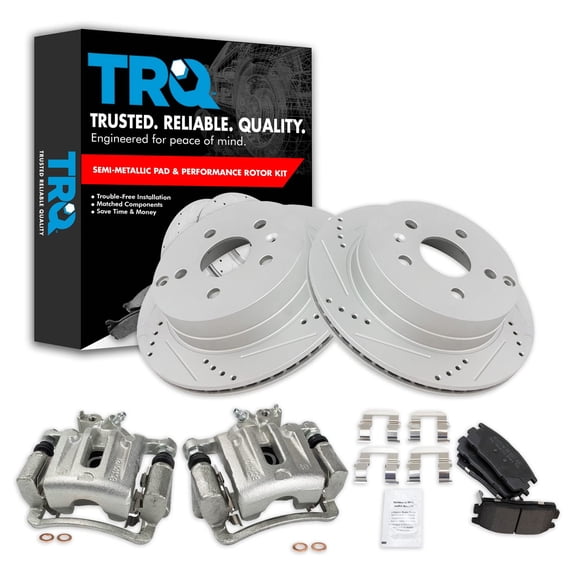 TRQ Rear Performance Brake Pad & Rotor Kit Brake Caliper Brake Pads Brake Rotors Set Semi-Metallic Vented Premium G-Coated Fits Select 2010-2017 Chevrolet Equinox GMC Terrain