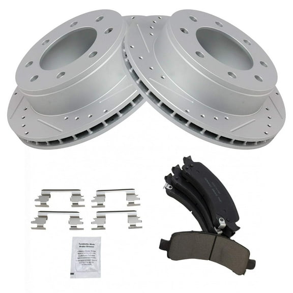 TRQ Rear Performance Brake Pad & Rotor Kit Brake Pads Brake Rotors Set Ceramic Premium G-Coated Fits Select 2003-2020 Chevrolet Express 2500 2005-2020 Express 3500 GMC Savana 2500 Savana 3500