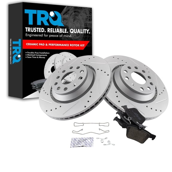 TRQ Rear Performance Brake Pad & Rotor Kit Brake Pads Brake Rotors Set Ceramic Premium G-Coated Fits Select 2019 Audi A3 2018-2019 RS3 2015-2018 S3 Volkswagen Arteon Atlas 2015-2019 Golf R