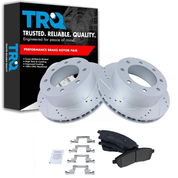 TRQ Rear Performance Brake Pad & Rotor Kit Brake Pads Brake Rotors Set Semi-Metallic Premium G-Coated Fits Select 2000-2005 Ford Excursion 1999-2004 F-250 Super Duty F-350 Super Duty