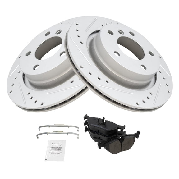 TRQ Rear Performance Brake Pad & Rotor Kit Brake Pads Brake Rotors Set Semi-Metallic Premium G-Coated Fits Select 2000 BMW 323Ci 323i 328Ci 1999-2000 328i