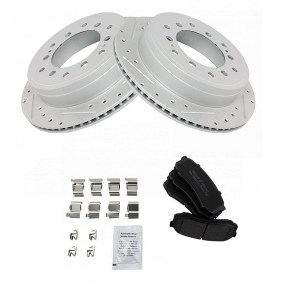 TRQ Rear Performance Brake Pad & Rotor Kit Brake Pads Brake Rotors Set Semi-Metallic Premium G-Coated Fits Select 2010-2022 Lexus GX460 Toyota 4Runner 2010-2014 FJ Cruiser