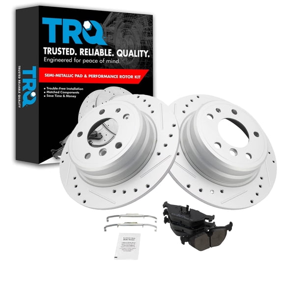TRQ Rear Performance Brake Pad & Rotor Kit Brake Pads Brake Rotors Set Semi-Metallic Vented Premium G-Coated Fits Select 1989-1995 BMW 525i 1993 525iT 1994-1995 530i 1989-1993 535i