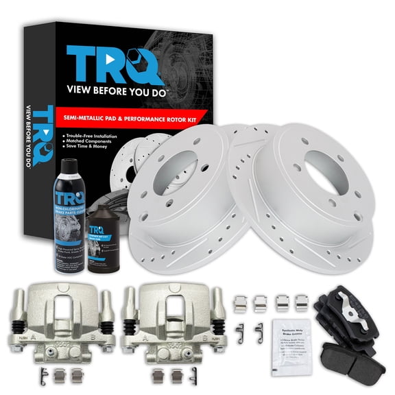 TRQ Rear Performance Brake Pad & Rotor Kit Semi-Metallic Premium G-Coated Slotted X Drilled Fits 11-14 200 08-14 Avenger 07-12 Caliber 07-17 Compass 08-17 Lancer Patriot 07-10 Sebring