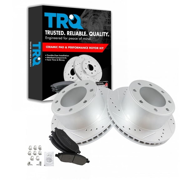 TRQ Performance Rear Brake Pad and Rotor Set Ceramic Coated Drilled Slotted Vented Rotors Fits 2005-2007 Ford F-250 Super Duty F-350 Super Duty