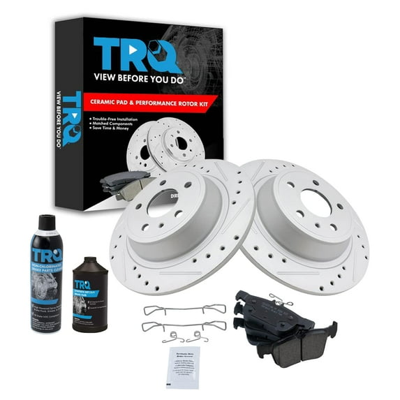 TRQ Rear Performance Coated Rotor & Ceramic Pad Kit w/Chemicals for Ford BKA18290