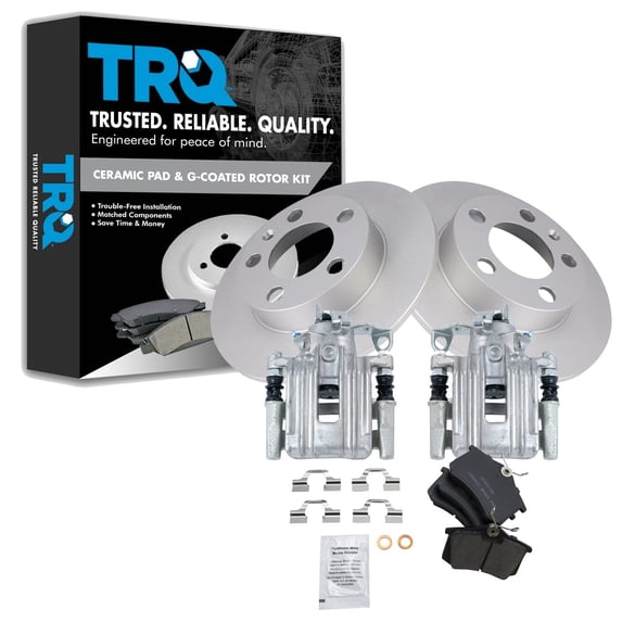 TRQ Rear Brake Pad & Rotor Kit Brake Caliper Brake Pads Brake Rotor Ceramic Premium G-Coated Fits Select 1999 Volkswagen Jetta