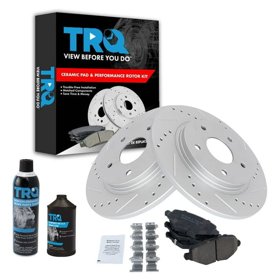 TRQ Rear Posi Ceramic Brake Pad & Performance Drilled Slotted Rotor w/Chemicals BKA15518 Fits select: 2014-2016 CHRYSLER TOWN & COUNTRY, 2013-2016 DODGE GRAND CARAVAN