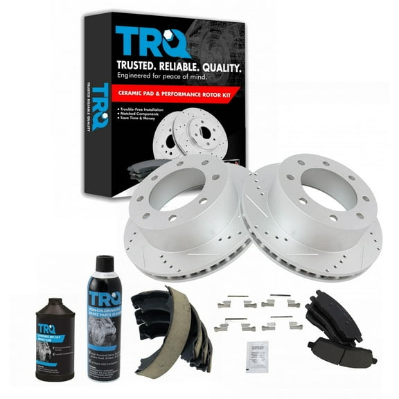 TRQ Rear Posi Ceramic Brake Pad & Performance Rotor with Parking Shoes w/Fluids BKA21808