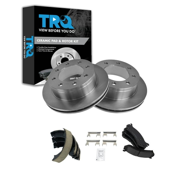 TRQ Rear Posi Ceramic Brake Pads & Rotors with Parking Shoes Fits Select GM Pickup SUV