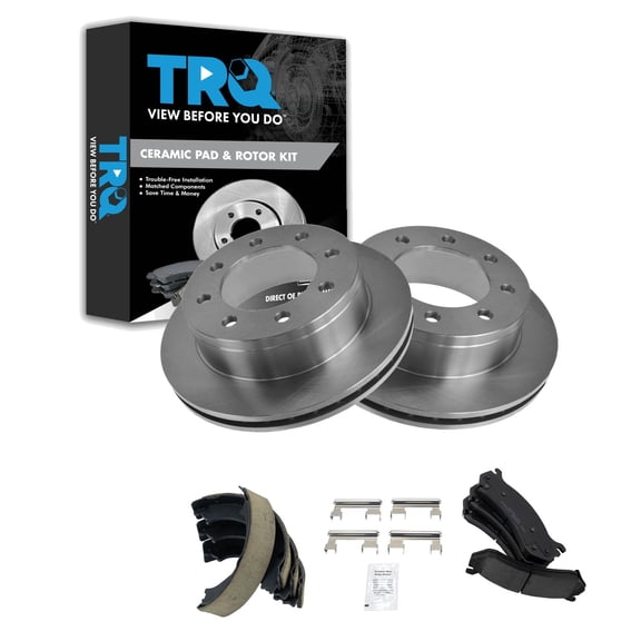 TRQ Rear Posi Ceramic Brake Pads & Rotors with Parking Shoes Fits Select GM Pickup SUV