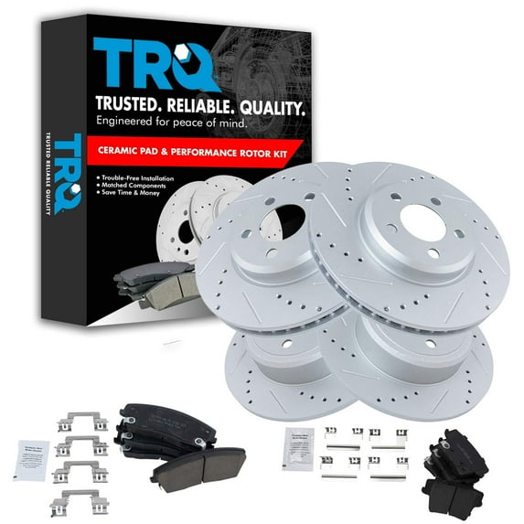 TRQ Rotor & Brake Pad Ceramic Performance Drilled Slotted Front & Rear Kit