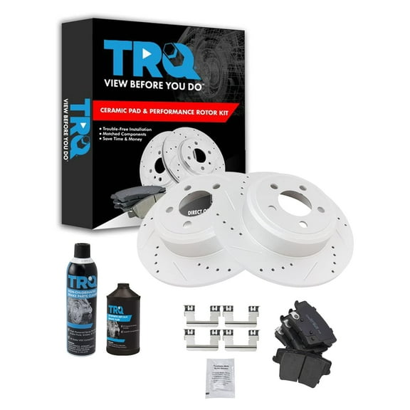 TRQ Rotor & Brake Pad Ceramic Performance Drilled Slotted Rear Kit w/Chemicals BKA17493