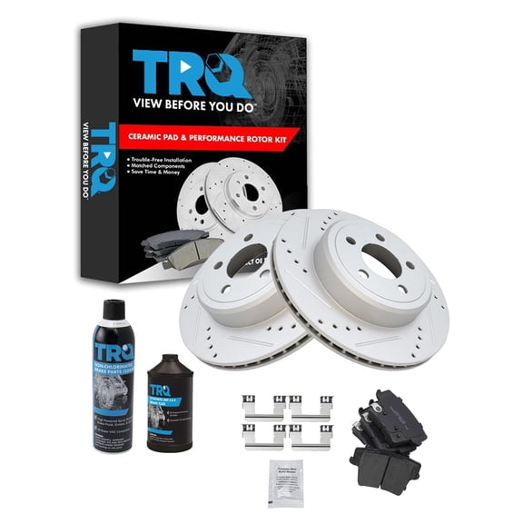 TRQ Rotor & Brake Pad Ceramic Performance Drilled Slotted Rear Kit w/Chemicals BKA18001