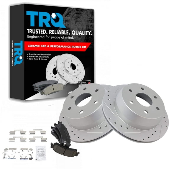 TRQ Rotor & Brake Pad Posi Ceramic Performance Drilled Slotted Rear Kit