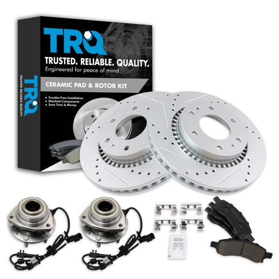 TRQ Wheel Hub Bearing Ceramic Brake Pad Performance Rotor Kit Fits Select GM SUV