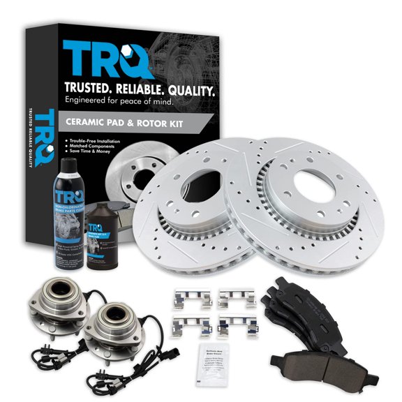 TRQ Wheel Hub Bearing Ceramic Brake Pad Performance Rotor Kit w/Fluids for GM BKA21835