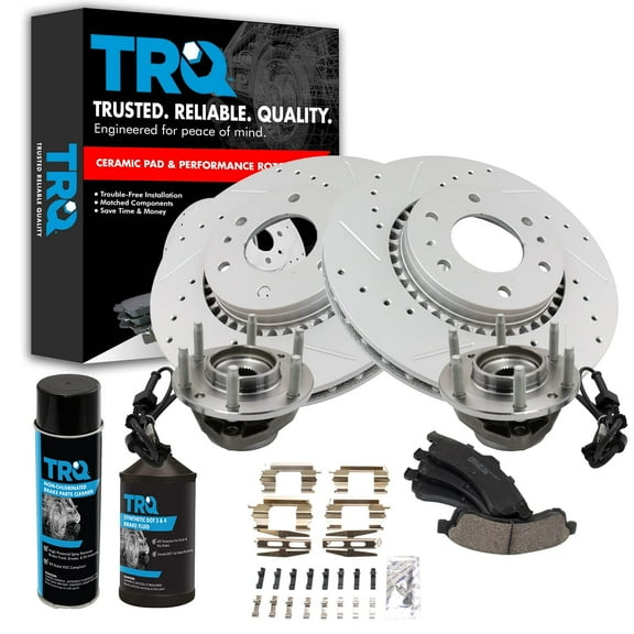 TRQ Wheel Hub & Ceramic Brake Pad Performance Rotor Front Kit w/Chemicals BKA21838