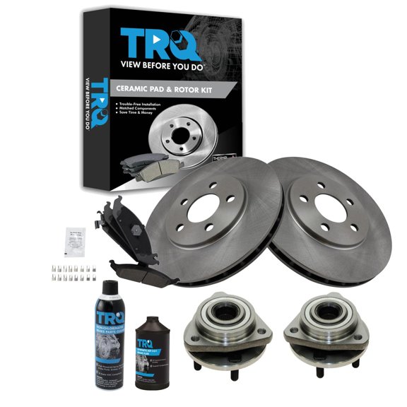TRQ Wheel Hub Ceramic Brake Pad Rotor Front Kit w/Fluids for Chrysler Dodge BKA16864