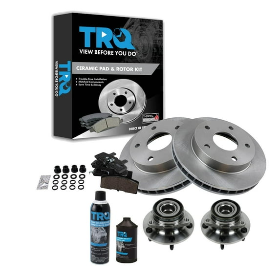TRQ Wheel Hub Ceramic Brake Pad Rotor Front Kit w/Fluids for Dodge Ram 1500 BKA15846
