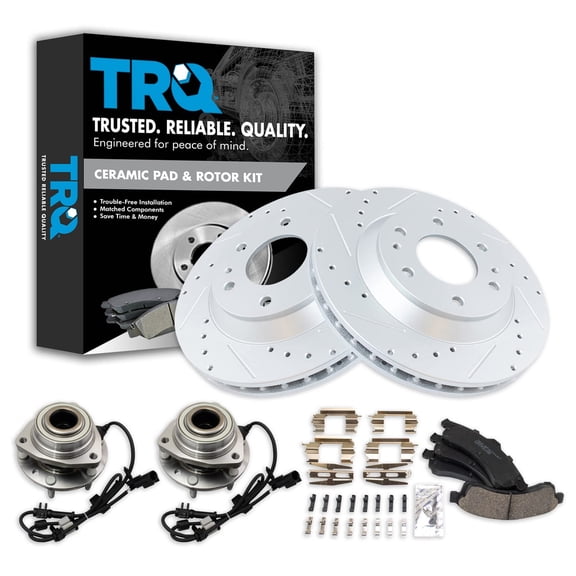 TRQ Wheel Hub & Premium Ceramic Brake Pad Performance Rotor Front Kit Fits Select GM