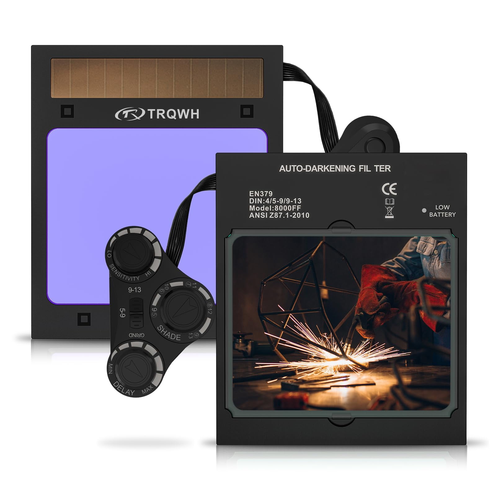 TRQWH Large View Auto Darkening Welding Lens 4.49 * 5.24in Solar True Color Filter with 4 Arc Sensor Adjustable Shade Range 4/5-9/9-13 Replacement Welding Helmet Accessories for TRQWH Welding Hood
