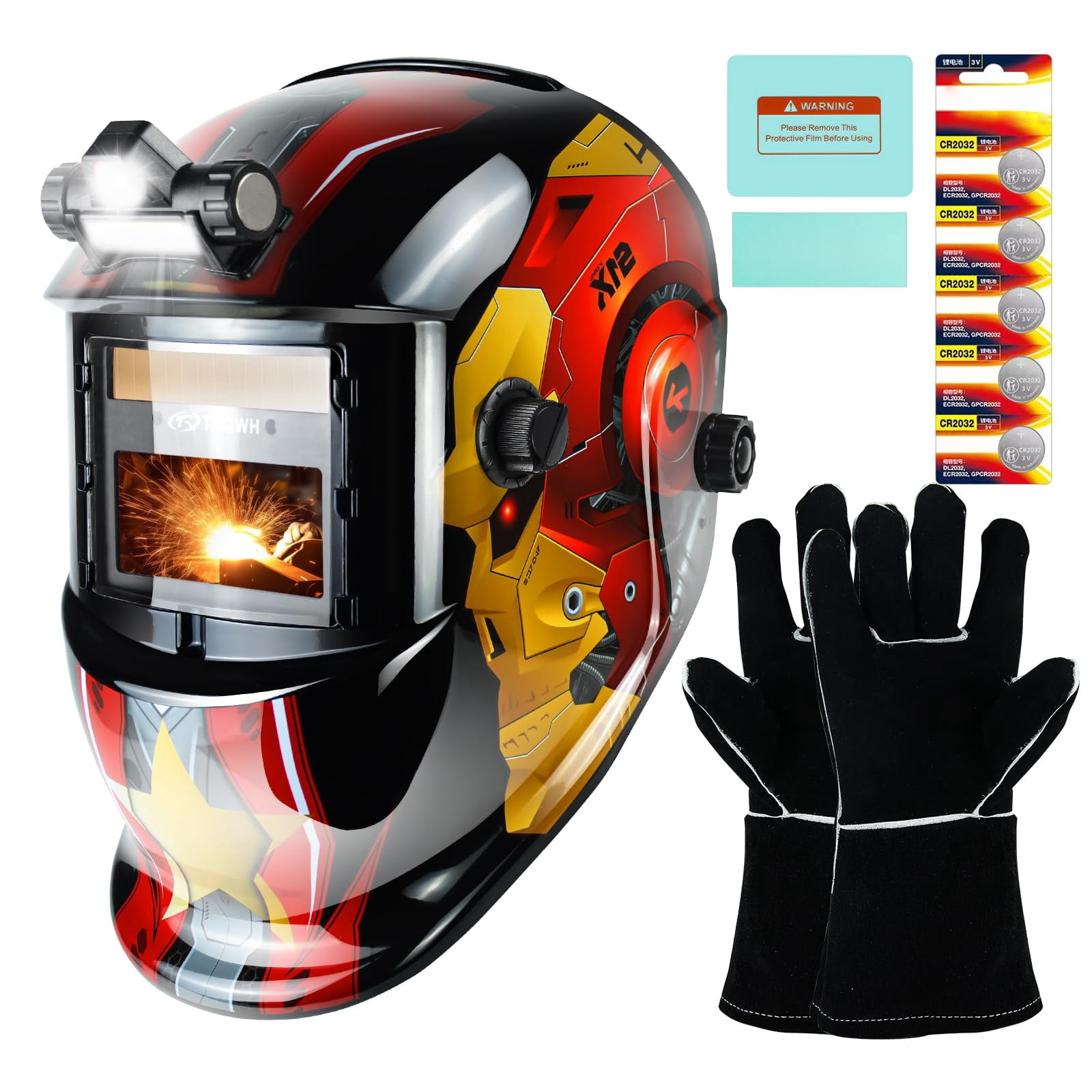 TRQWH Welding Hood Auto Darkening Welding Helmet with Light True Color 1/1/1/2 Top Optical Clarity Wide Shade 9-13 Welding Mask with Grinding Weld Helmet (KTS-HD94)