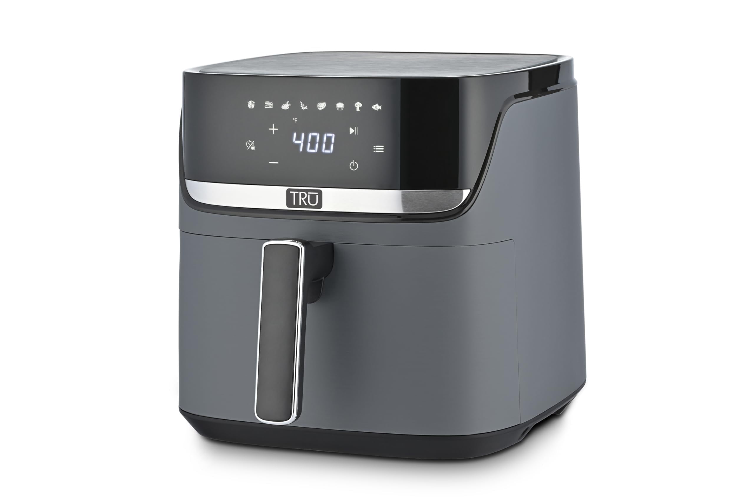 TRU 8-Quart Digital Air Fryer by Select Brands - Family Size, One-Touch Control, 8 Presets - Air Fry Chicken, Meat, Veggies, Fries - Nonstick Pot and Crisping Tray, Auto Shut Off, Matte Gray