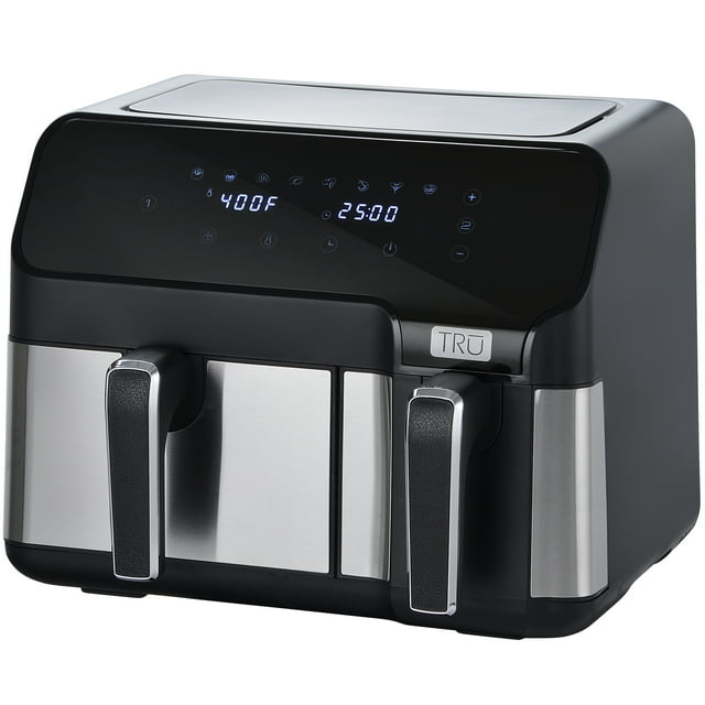 TRU 9 Quart Dual Basket Digital AIR FRYER, Black and Stainless