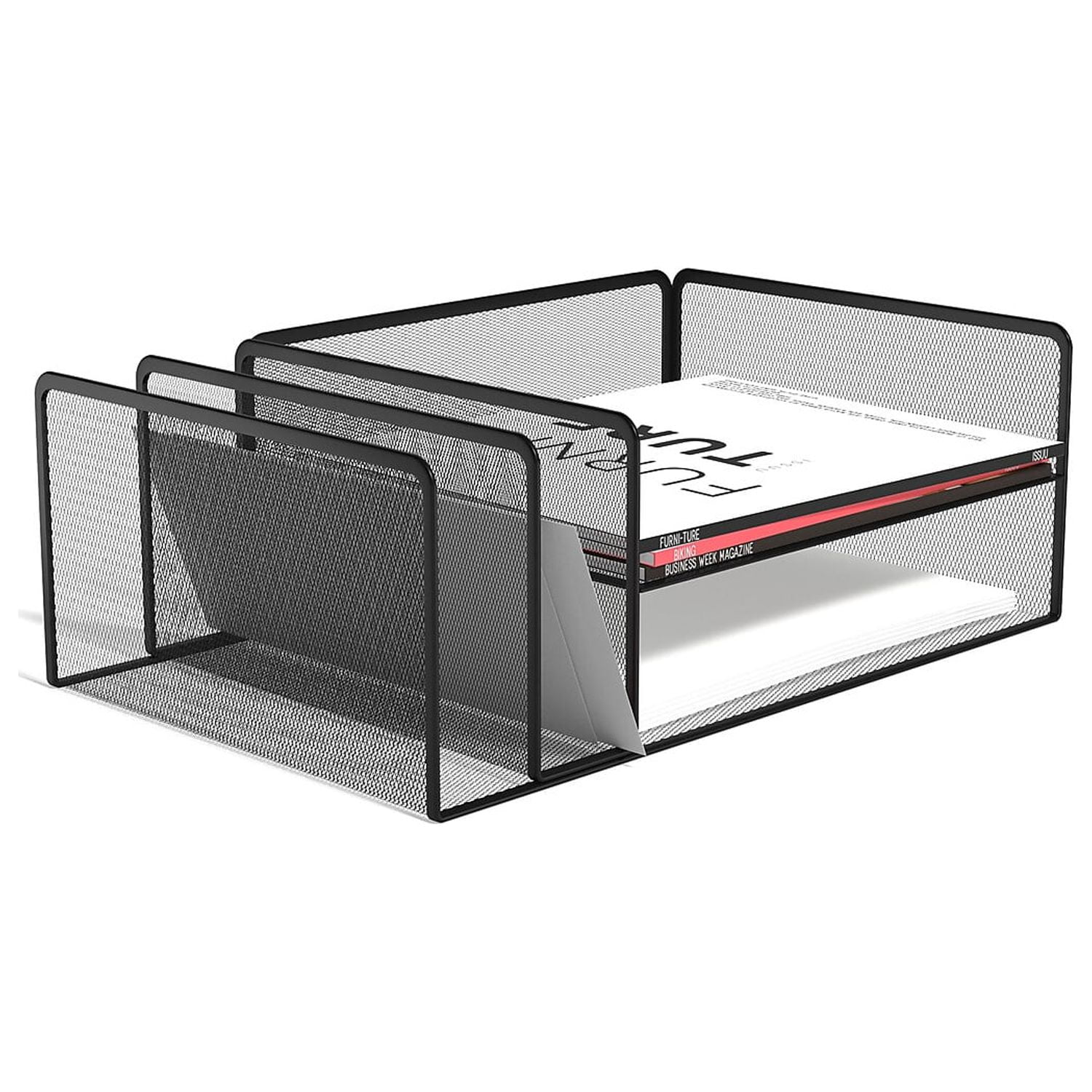 Matte Black Metal Mesh 4-Compartment Letter Tray Sorter