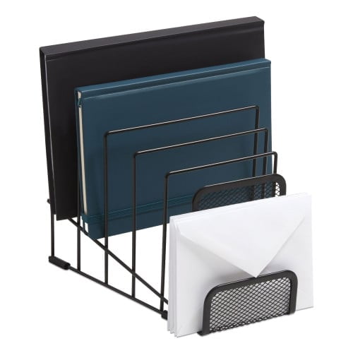 Metal Incline Sorter with Wire Mesh Mobile Device Holder, 6 Sections, 7.48 x 8.77 x 7.55, Matte Black Metal Incline Sorter with Wire Mesh Mobile Device Holder, 6 Sections, 7.48 x 8.77 x 7.55, Matte Black