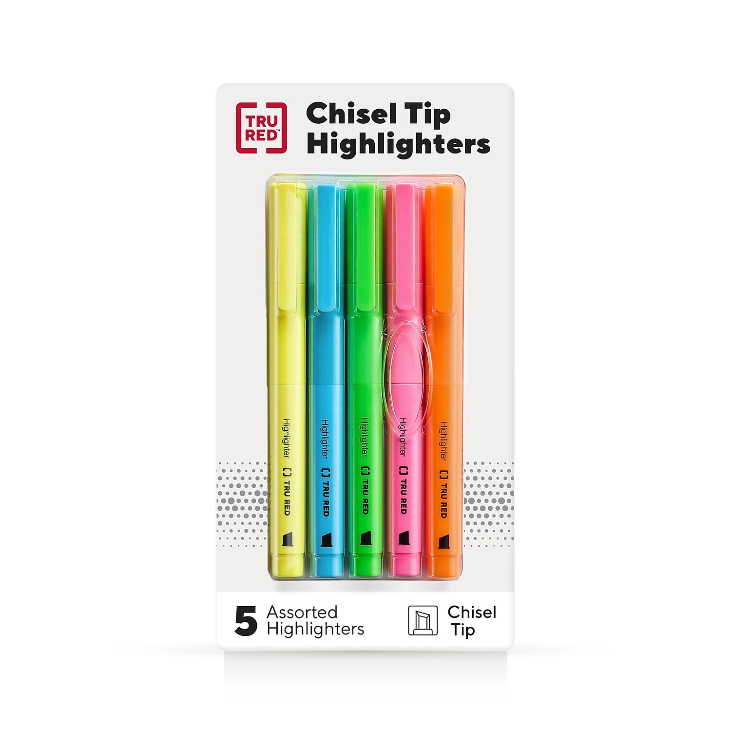 TRU RED Pocket Highlighter with Grip Chisel Tip Asst 5/Pack TR54584